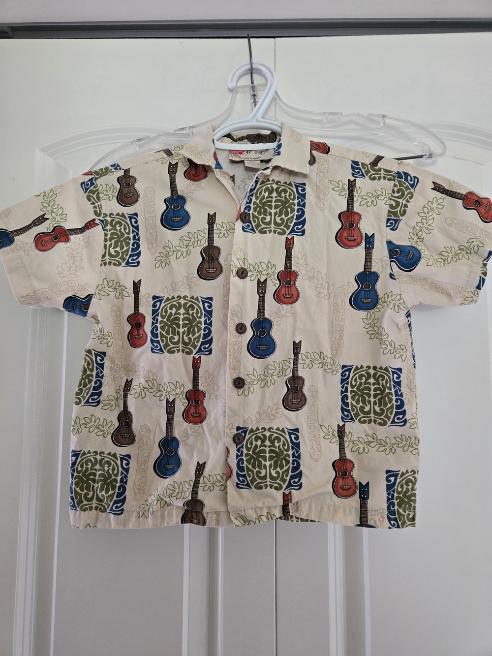 Hilo Hattie Cream Button-Up Shirt with Blue Red and Brown Guitar Print Kids